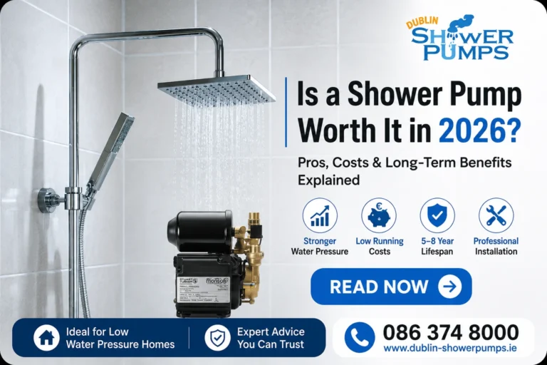 Shower pump installed in a modern bathroom with guide about whether a shower pump is worth it for low water pressure in Ireland.