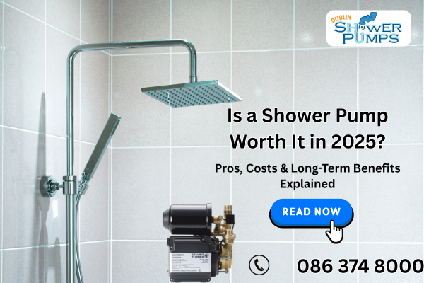 Modern grey-tiled shower with rain head and visible Stuart Turner shower pump installation. Blog promotion for shower pump worth in 2025, Dublin Shower Pumps.
