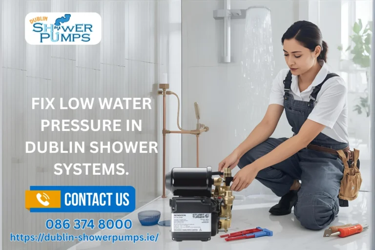 Plumber in Dublin installing a shower pump to fix low water pressure in shower systems.