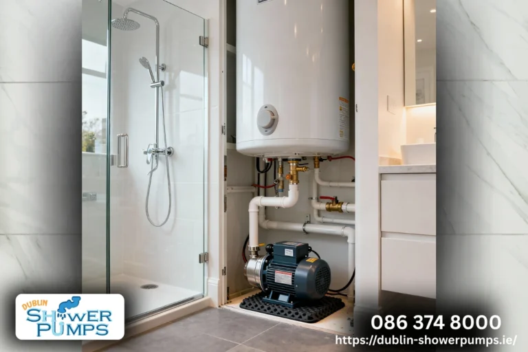 Quiet shower pump installation in Dublin bathroom – noise-free pump fitted under hot press with anti-vibration mat for silent performance.