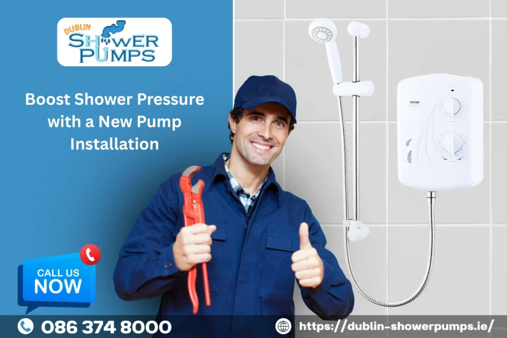 Technician installing a new electric shower pump to boost low water pressure in a Dublin home