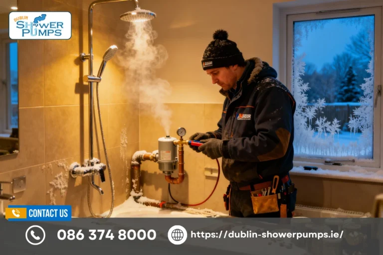 Plumber fixing low water pressure in winter using a shower pump in a Dublin bathroom, with frost on the window and steam in the air