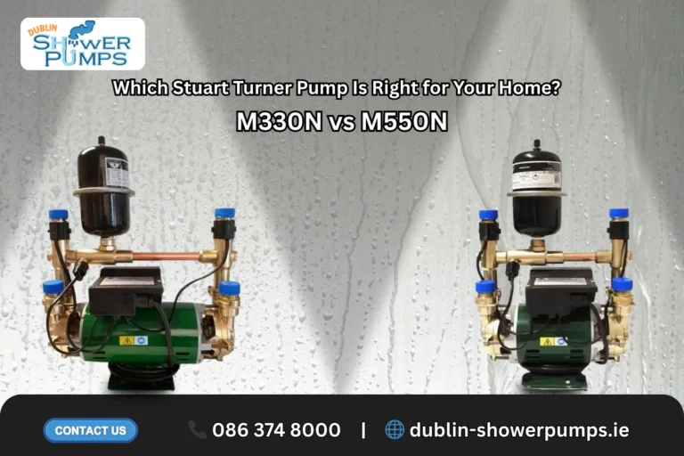Stuart Turner M330N and M550N shower pumps side by side with comparison title for Dublin homes.
