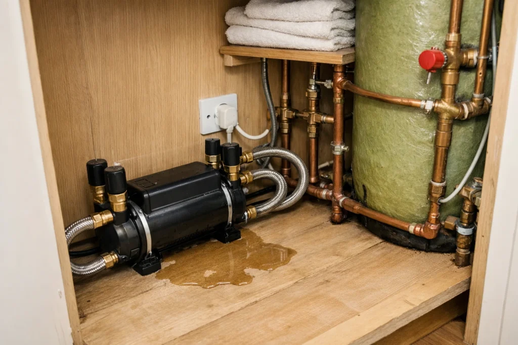 Shower pump leaking water in hot press next to insulated hot water cylinder and pipework