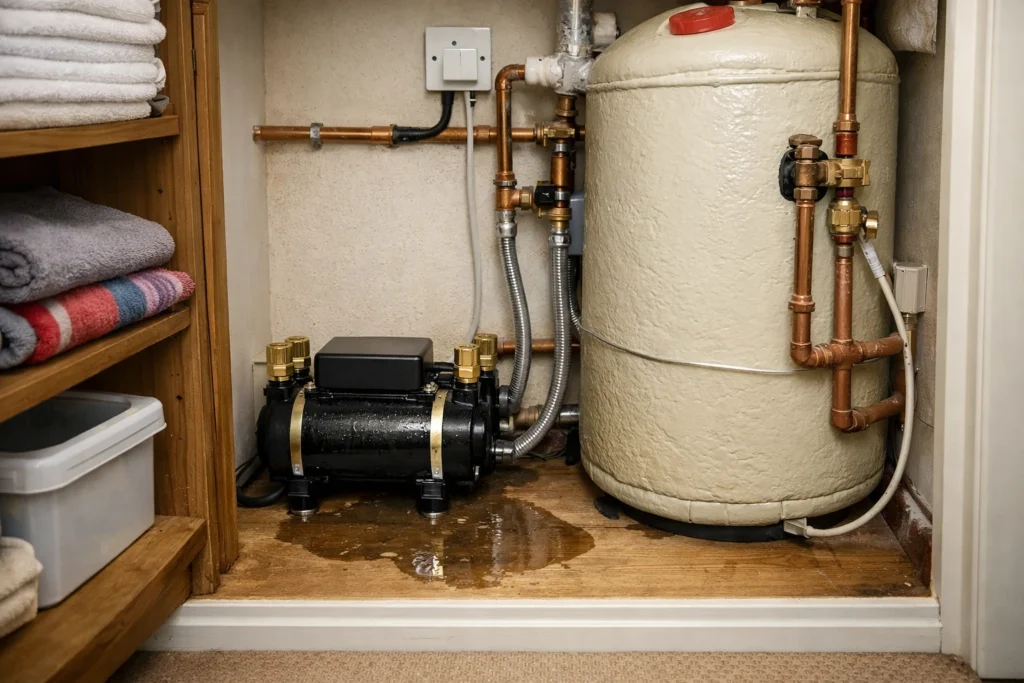 Shower pump leaking onto floor beside hot water cylinder in Dublin home hot press
