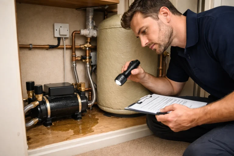 Plumber inspecting shower pump leaking beside hot water cylinder during repair in Dublin home