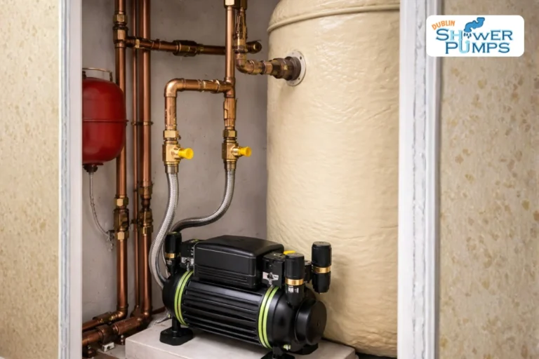 where to install shower pump beside hot water cylinder in Dublin home hot press