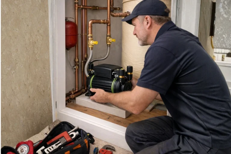 plumber showing where to install shower pump during professional installation