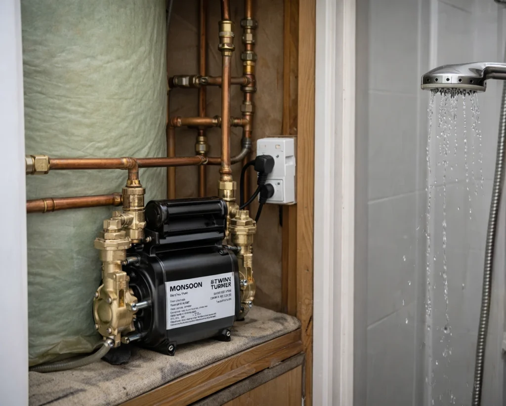 Shower pump no pressure issue in a Dublin home showing gravity-fed hot press installation