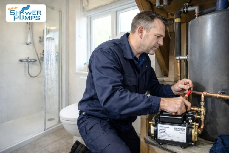 water pump for shower installation in Dublin home with gravity fed system and plumber working on pump