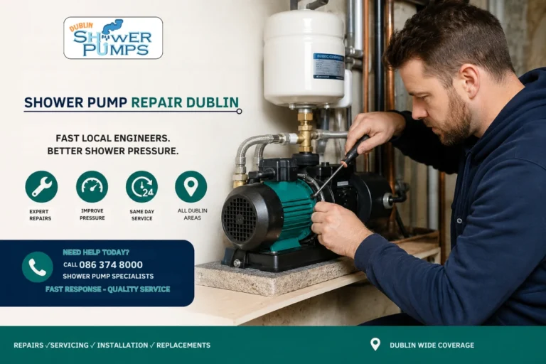 Shower pump repair Dublin engineer fixing a noisy shower pump and low water pressure problem in a Dublin home.