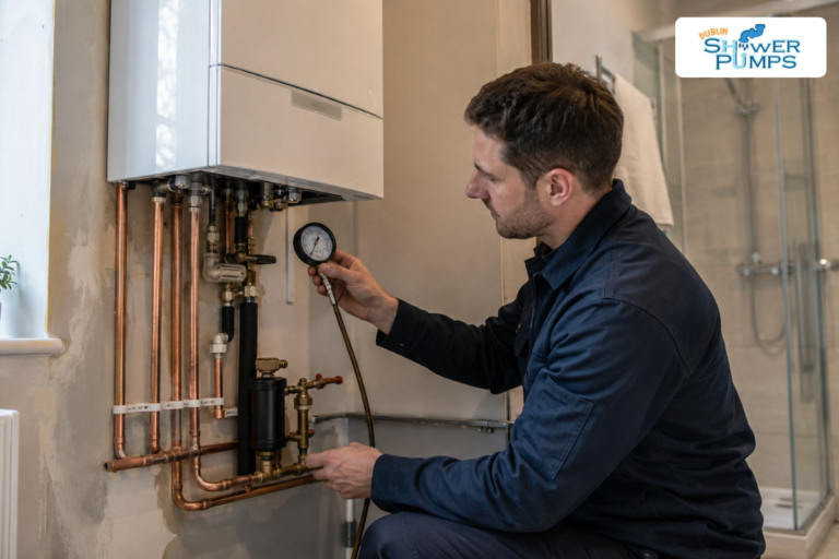 Plumber checking water pressure on a combi boiler in a Dublin home