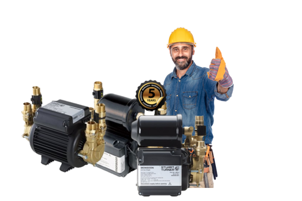 Professional plumber giving thumbs up next to Stuart Turner shower pumps with 5-year warranty badge – electric shower installation service in Dublin.